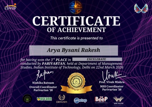 Excelerate '26 certificate, IIT Delhi