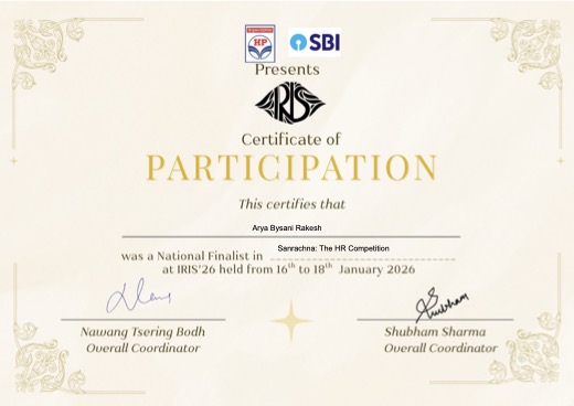 Sanrachana national finalist certificate, IIM Indore