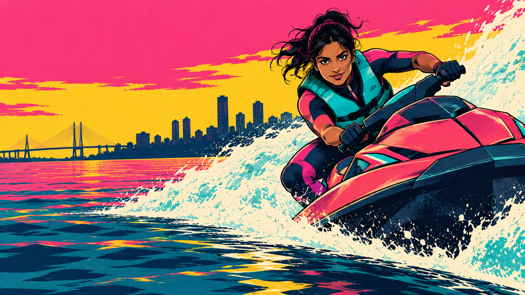 Bombat Racer poster art: a rider on a pink jet ski cutting through spray, the Mumbai skyline behind her