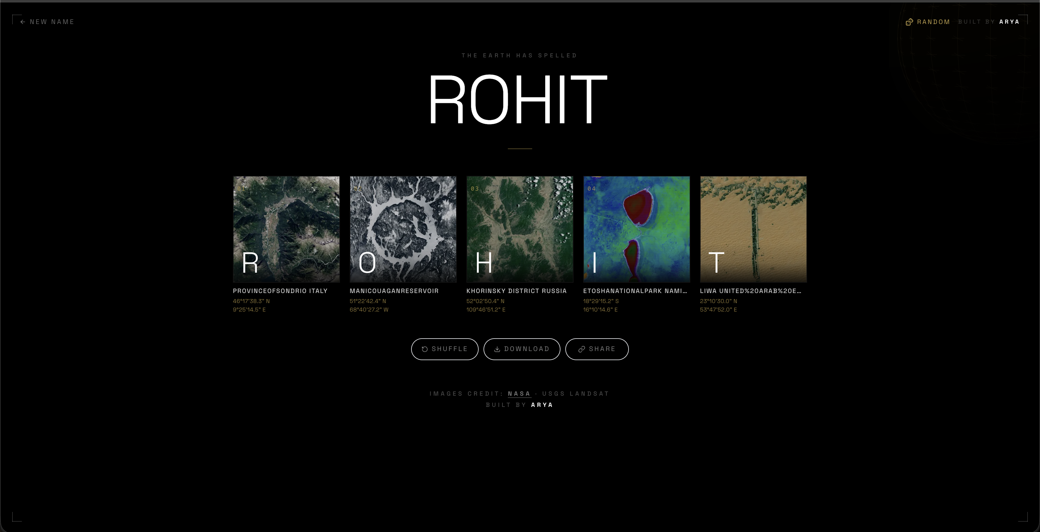ROHIT spelled out in NASA Landsat photos, each card labelled with its place and coordinates