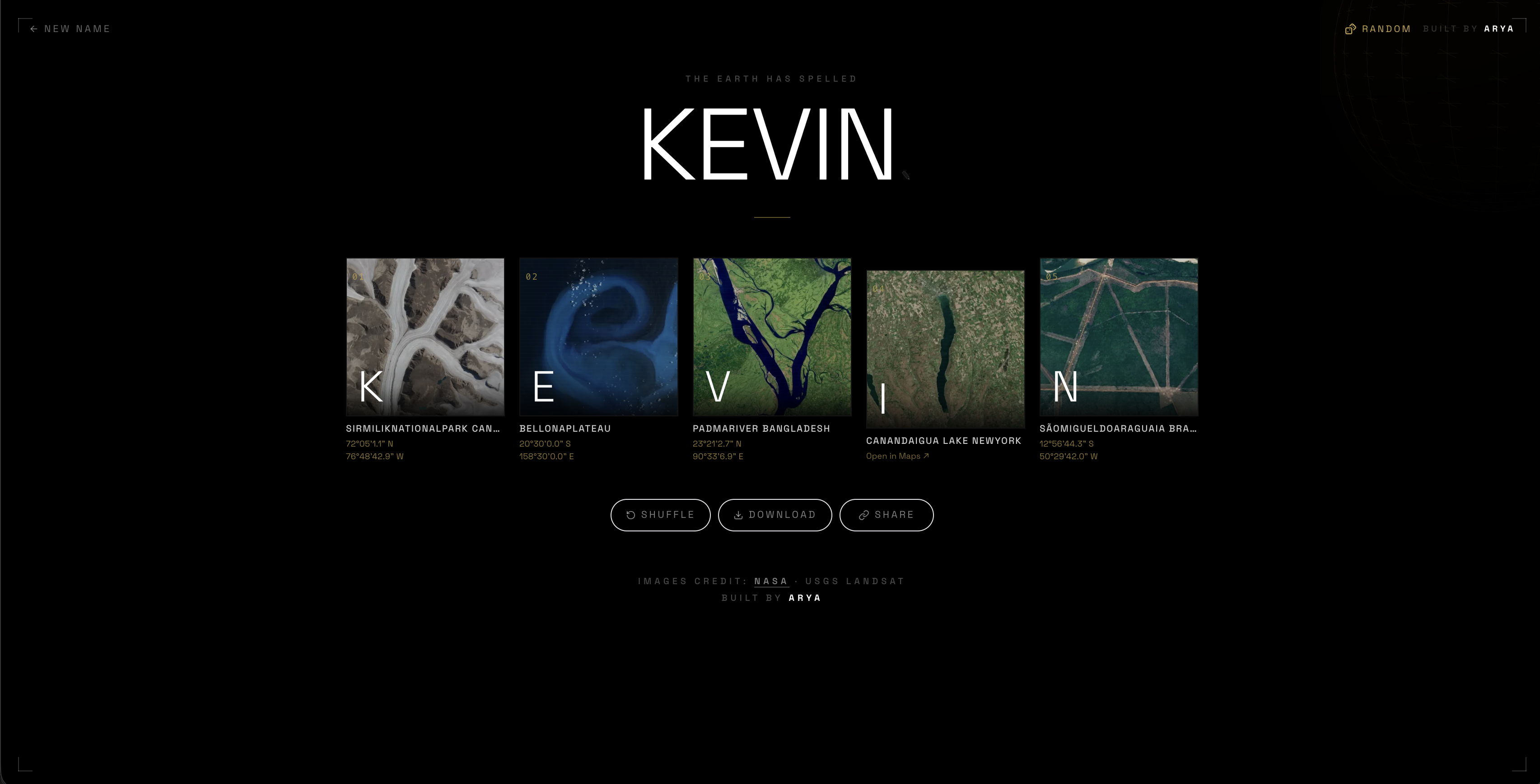 KEVIN spelled out in a different set of NASA Landsat photos
