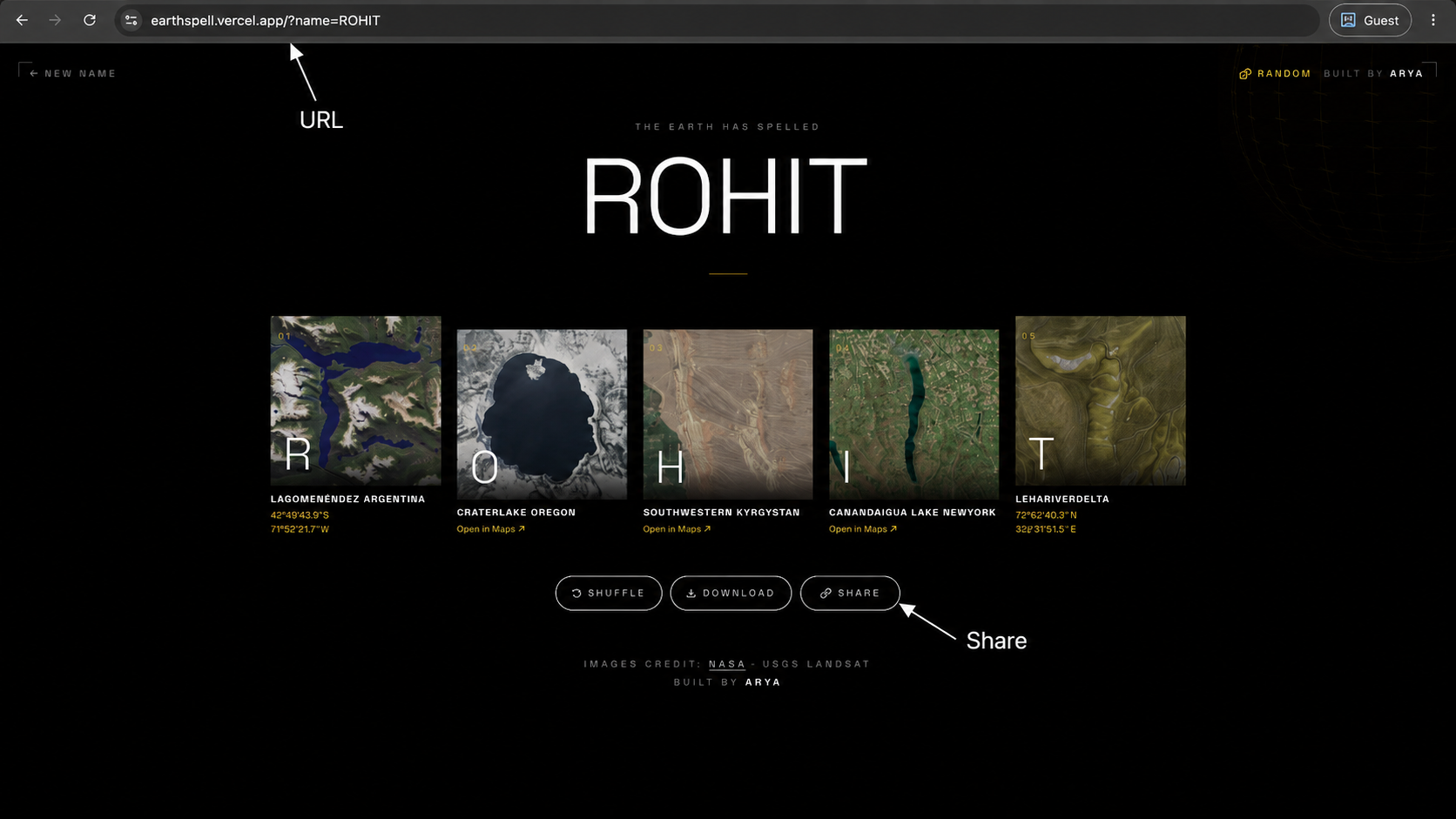 Share flow: every name gets its own URL, with the share button highlighted